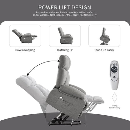 Oversized Power Lift Recliner Chair for Elderly, Big and Tall Lift Chair with Massage and Heat for Living Room, Fabric Electric Recliner Chairs with 4 Side Pockets, USB Charge Port,Grey