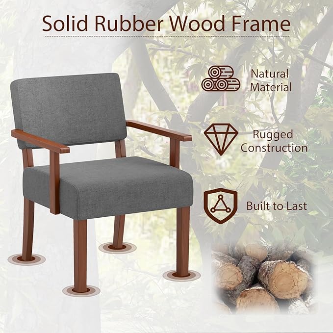 KOMFOTT Upholstered Accent Chair, Mid-Century Modern Armchair with Rubber Wood Frame, Linen Fabric Living Room Chair with Padded Seat & Backrest, Comfy Reading Chair for Bedroom, Waiting Room, Grey