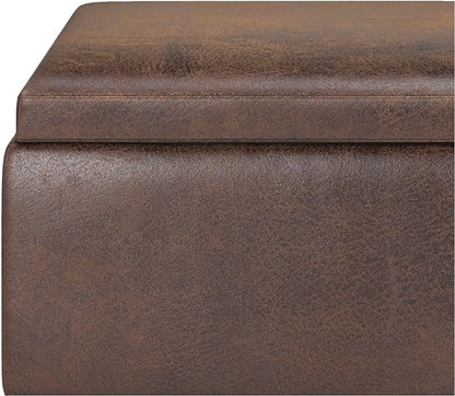 SIMPLIHOME Owen 34 inch Wide Mid Century Modern Rectangle Coffee Table Storage Ottoman Distressed Chestnut Brown/Flip Over Tray top