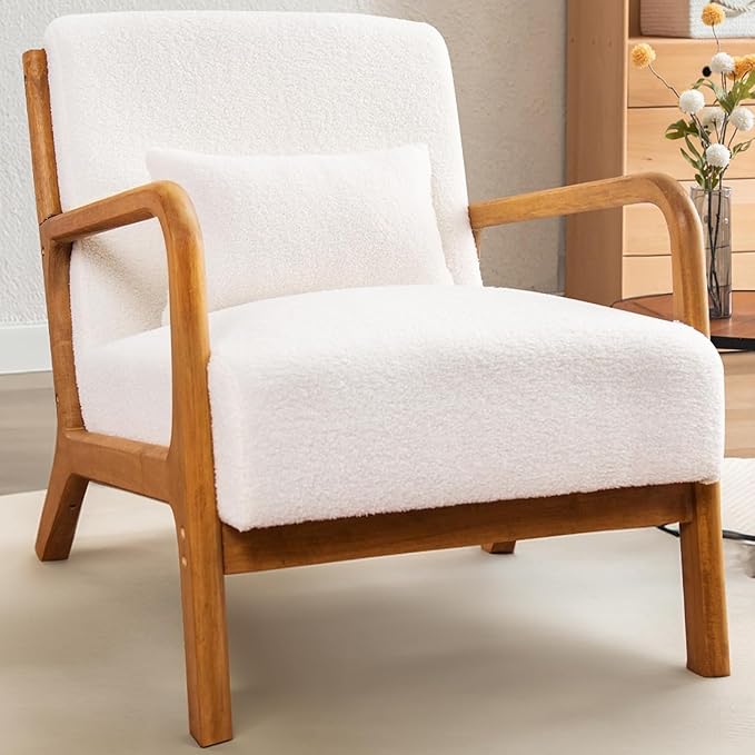 Accent Chair Mid Century Modern Chair Sherpa Fabric Living Room Chairs with Solid Wood Frame Comfy Upholstered and Lumbar Pillow Reading Side Chair Easy Assembly for Bedroom (2, White)
