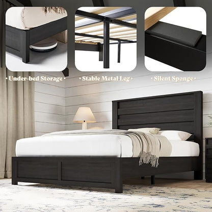 AMERLIFE Farmhouse Full Size Bed Frame with 49" Fluted Headboard, Wood Platform Bed with Natural Grain, No Box Spring Needed/Noise Free, Black