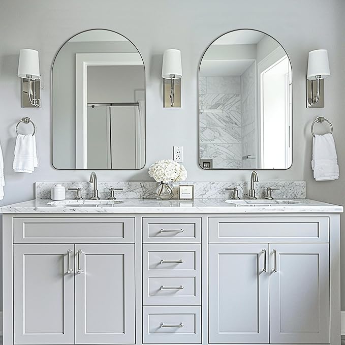 ANDY STAR Arched Mirror, 20" x 30" Brushed Nickle Bathroom Mirror in Stainless Steel Metal Frame, Arch Top Rounded Corner 1" Deep Set Design Wall Mount Hangs Vertical