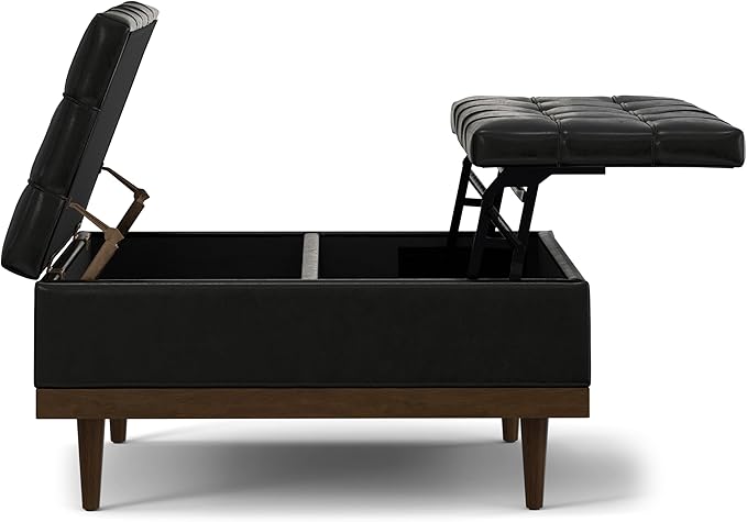 SIMPLIHOME Mariah 36 inch Wide Contemporary Rectangle Lift Top Table Storage Ottoman in Midnight Black PU Black faux leather, Assembled, For the Living Room, Entryway and Family Room