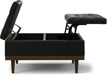 SIMPLIHOME Mariah 36 inch Wide Contemporary Rectangle Lift Top Table Storage Ottoman in Midnight Black PU Black faux leather, Assembled, For the Living Room, Entryway and Family Room