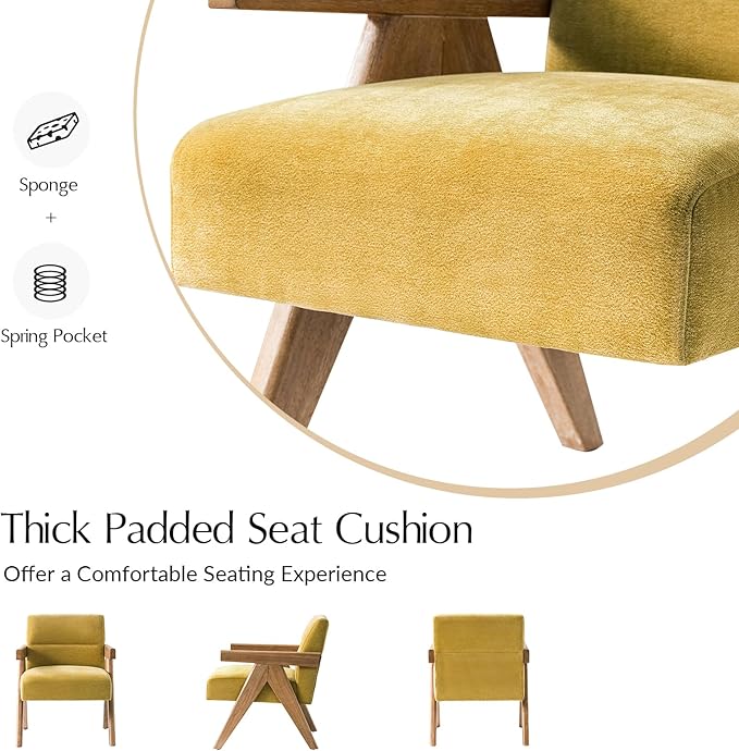 HULALA HOME Modern Accent Chair, Upholstered Arm Chair with Solid Wood Frame, Comfortable Padded Seat and Back, for Living Room, Bedroom, Mustard