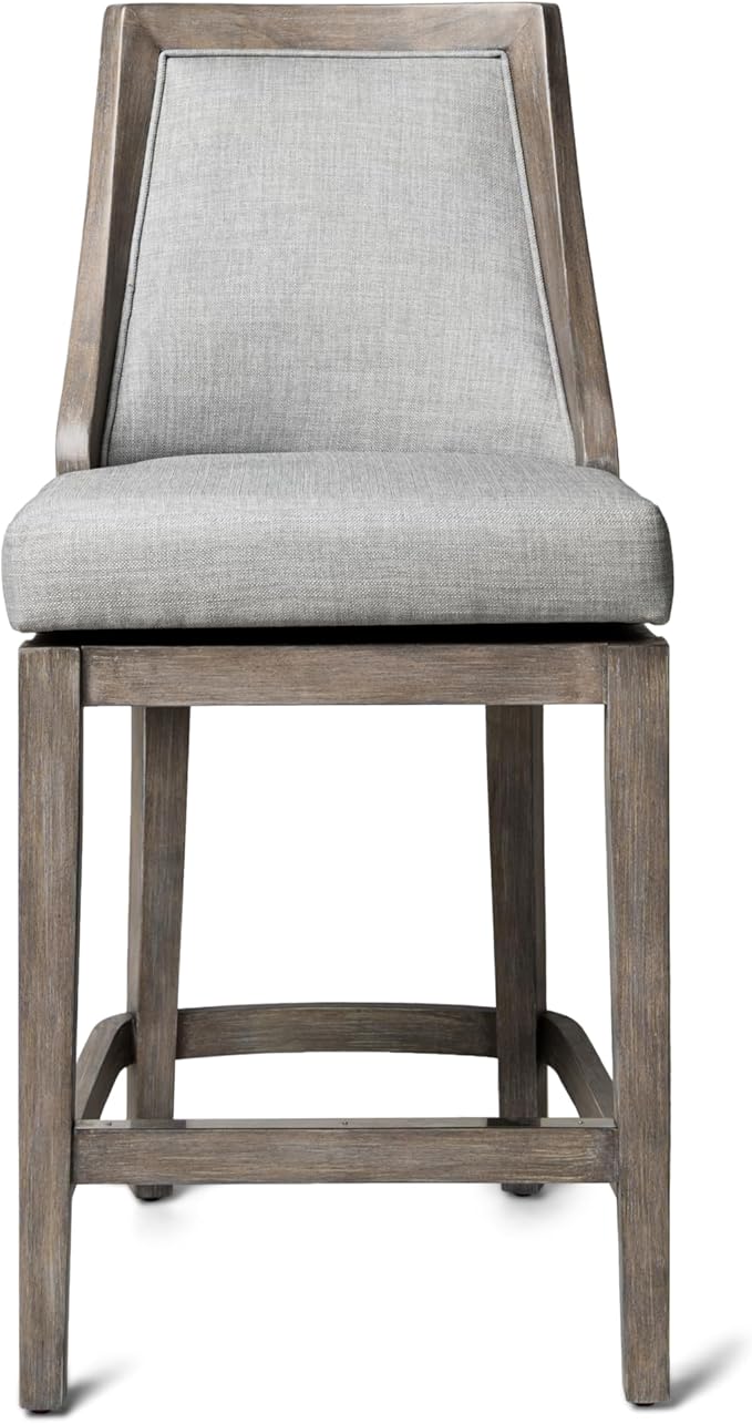 Maven Lane Vienna Counter Stool 26 Inches High – Swivel Stool with Footrest – Grey Solid Wood and Grey Fabric Upholstery – Perfect for Kitchen Islands and Counters