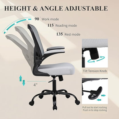 Flysky Ergonomic Office Chair, Mesh Home Office Desk Chair with Flip-up Arms and Lumbar Support, Height Adjustable, Swivel, Gray