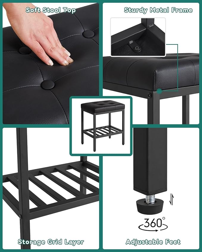IBUYKE Rectangular Makeup Stool with Adjustable Feet and Storage Space, Footrest Chair, PU Vanity Seat, Multi-Use as Small Side Table or Ottoman, for Bedroom, Black WBD017B