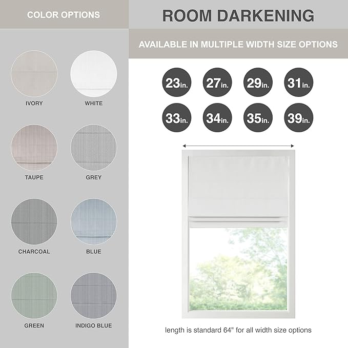 Madison Park Galen Cordless Roman Shade, 34"W x 64"H, Sheen White – Room Darkening, Thermal Insulated, Energy Efficient Window Blind with Subtle Sheen Basketweave Fabric for Privacy