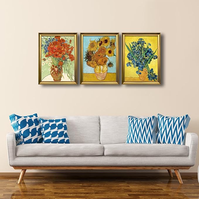 Wieco Art Framed 3 Panels Wall Art of Vincent Van Gogh Paintings Red Poppies and Daisies Sunflower Irises in Vase Canvas Prints for Wall and Home Decorations Bronze Gold Frame