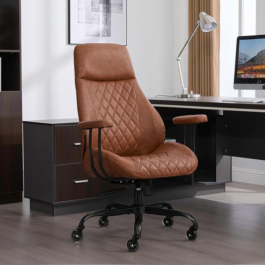 Home Office Desk Chair, Ergonomic High Back Leather Computer Chair with Lumbar Support, Adjustable Height & Recline, Swivel Executive Office Chair with Armrests and Rubber Casters, Brown