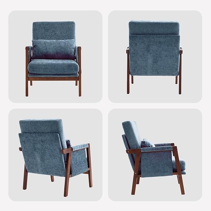 Accent Chair Mid-Century Modern with Lumbar Support Pillow, Upholstered Living Room Chairs with Wooden, Chenille Armchair with Cushion, Anthropologie Side Chair for Bedroom, Navy