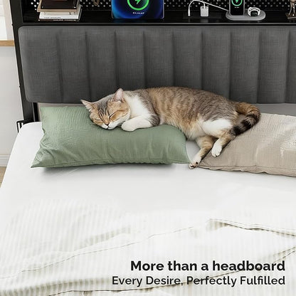 VINGLI Full Size Headboard Only, Adjustable Upholstered Headboard with 3 Tier Shelves and Pegboard with Charging Stations and LED Lights, Modern Bed Headboard with Storage for Bedroom Decor
