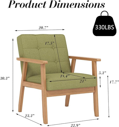 KCC Mid-Century Modern Linen Fabric Accent Chair, Upholstered Tufted Leisure Chair Comfy Reading Side Chair with Armrest and Solid Wood Frame for Living Room Bedroom Balcony(Green)