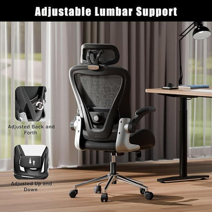 Black Ergonomic Home Office Desk Chair, Premium Thickened Leather Curved seat with Breathable mesh Back, 3D headrest and Adjustable Lumbar Support, Ideal Chair for Office or Gaming, Black