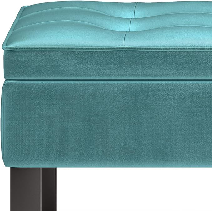 SIMPLIHOME Cosmopolitan 44 inch Wide Traditional Rectangle Storage Ottoman Bench with Open Bottom in Aqua Velvet Fabric, Assembled for the Living Room and Bedroom
