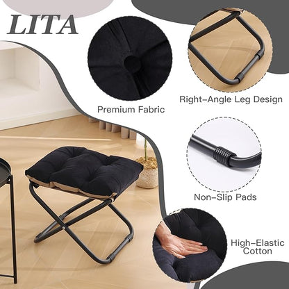 LITA Folding Footrest Stool, Portable Ottoman Foot Rest, Upholstered Small Foldable Ottoman with Detachable Thick Cotton Cushion Padded Sofa Stool for Living Room, Bedroom, Velvet Black Set