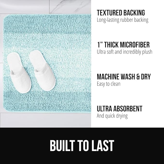 GORILLA GRIP Ultra Soft Plush Bathroom Rugs with Textured Rubber Backing, Absorbent Quick Dry Bath Mat, Machine Washable Shower Mats, Home Décor Accessories Bathmat Rug Essentials, 30 x 18 Light Blue