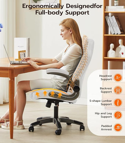Office Desk Chair, Ergonomic Computer Chair with Padded Flip-Up Arms and Adjustable Lumbar Support, PU Leather Executive Chair with Tilt Lock and 360° Swivel Rolling Wheels for Work, Study