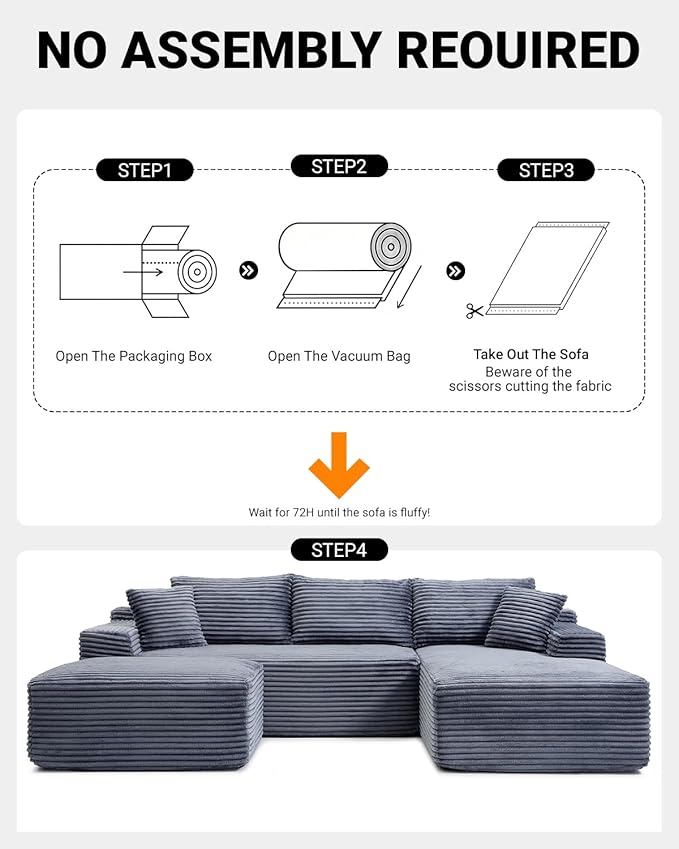 108 Inch Cloud Sectional Couch,Modern Modular Sectional Sofa with Deep Seat,Corduroy Boneless Couches with L-Shape Chaise for Living Room,No Assembly Required (Grey, Right Facing Chaise + Ottoman)