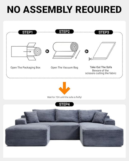 108 Inch Cloud Sectional Couch,Modern Modular Sectional Sofa with Deep Seat,Corduroy Boneless Couches with L-Shape Chaise for Living Room,No Assembly Required (Grey, Right Facing Chaise + Ottoman)