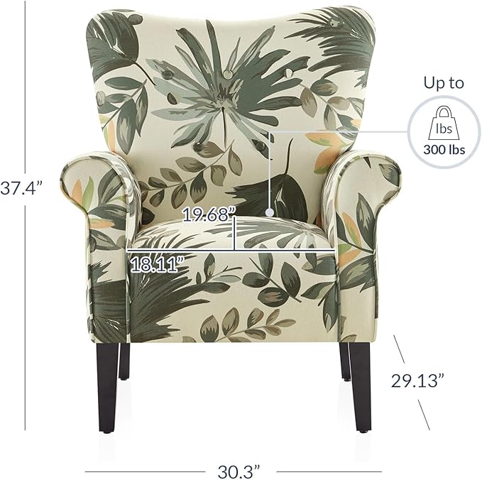 BELLEZE Modern Accent Chair, High Back Armchair, Upholstered Wingback Side Chair, Padded Single Sofa with Wooden Legs for Living Room, Bedroom - Green Floral