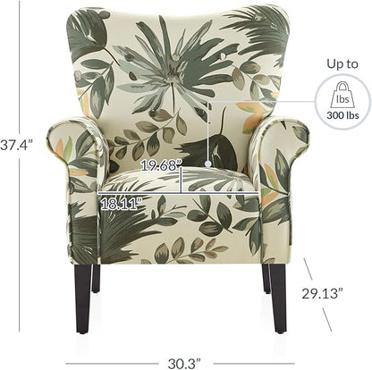 BELLEZE Modern Accent Chair, High Back Armchair, Upholstered Wingback Side Chair, Padded Single Sofa with Wooden Legs for Living Room, Bedroom - Green Floral