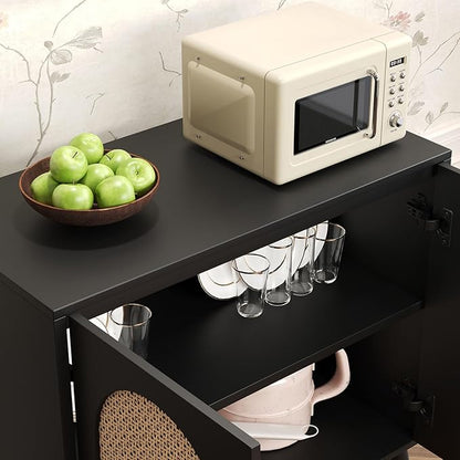 Rattan Storage Cabinet, 2-Door Boho Sideboard in Black, Adjustable Shelf, Elegant Rattan Buffet Cabinet with Storage for Stylish Home Organization 31.5" Black