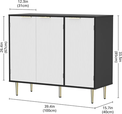 Fluted Buffet Sideboard with 3 Doors, Modern Accent Cabinet with Adjustable Shelves, Kitchen Storage Cabinet with Golden Handles, Coffee Bar for Kitchen, Black & White