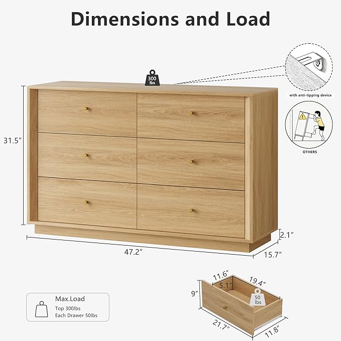 Mid Century Modern Dresser, 6 Drawer Dresser with Storage, 47" Wide Chest of Drawers with Wood Grain Texture, Drawers Organizer for Bedroom, Living Room, Hallway, Gold Oak