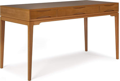 SIMPLIHOME Harper Desk - 60-Inch Wide Solid Hardwood Writing Desk in Light Golden Brown, Mid-Century Modern Home Office Computer Table for Study with 2 Drawers and Flip-Down Keyboard Tray