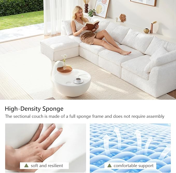 138" Boneless Cloud Couch Modular Sectional Sofa with Deep Seat for Living Room, L Shape Couch with Ottoman, Snowflake Cloth and 40D Memory Sponge，2 Throw Pillows (White, 4 Seater+1 Ottoman)