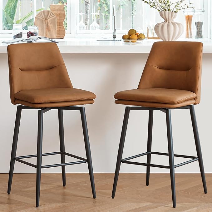 Brown Counter Height Bar Stools Set of 2, 26 Inch Seat Height with Back and Metal Legs, 360° Swivel Upholstered Faux Leather Swivel Bar Stools