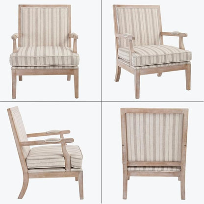 chairus Farmhouse Linen Accent Chair Set of 2, Upholstered Reading Chair with Solid Wood Frame Lounge Arm Chair with High Back for Living Room, Reception Room, Waiting Room, Khaki Stripe