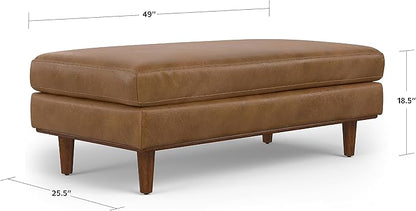 SIMPLIHOME Morrison 49 inch Wide Large Rectangular Ottoman in Caramel Brown Genuine Leather, Multifunctional Footrest, Coffee Table, and Extra Seating for Living Room, Mid-Century Modern Style