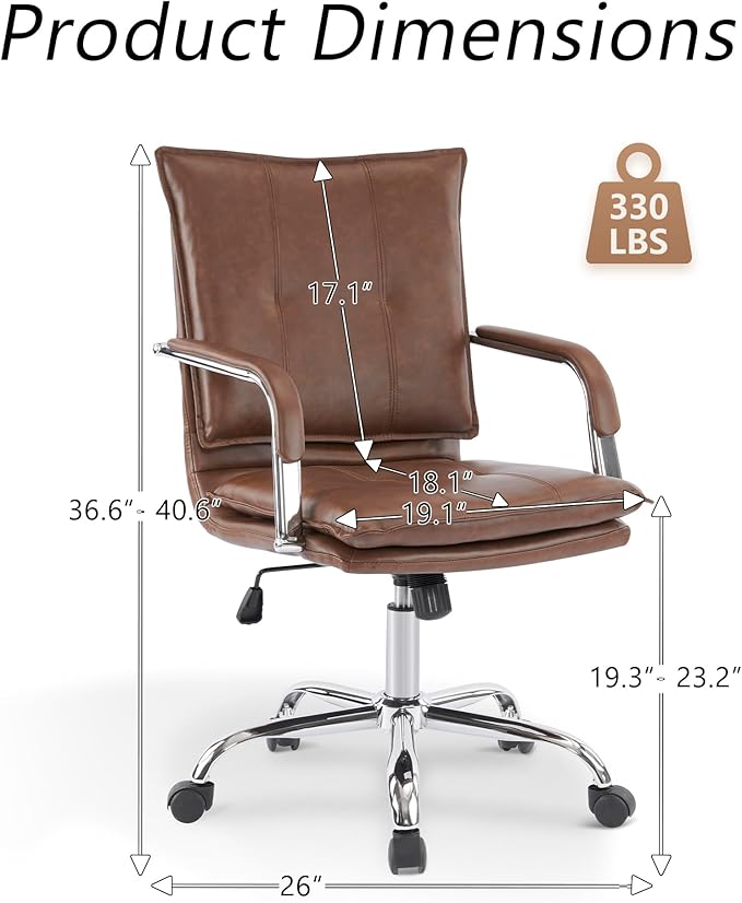 Mid-Back Ergonomic Leather Office Chair, Modern Upholstered Executive Desk Chair with Gold Frame Armrest Computer Task Chair (Brown &Silver Legs)