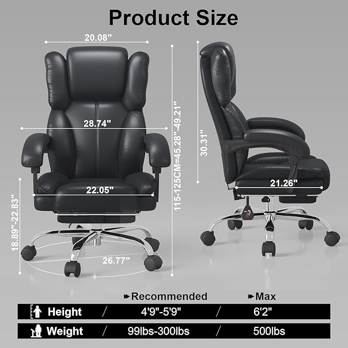 Big and Tall Office Chair, Executive Home Office Desk Chair, Leather Computer Chair with Retractable Footrest, Adjustable Headrest and Reclining Height, Padded Arms, 360°Swivel Free, Wide Seat, Black