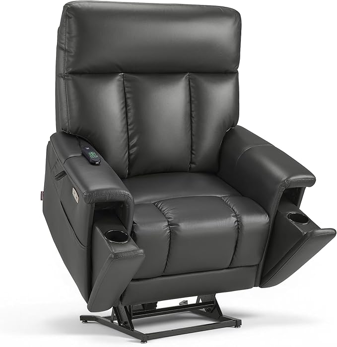 MCombo Heavy Duty Lift Chair for Elderly, Extra Wide Dual Motor Power Lift Recliner 450lbs with Hidden Cup Holders, USB Charging, Breathable Faux Leather R7777 (Grey)