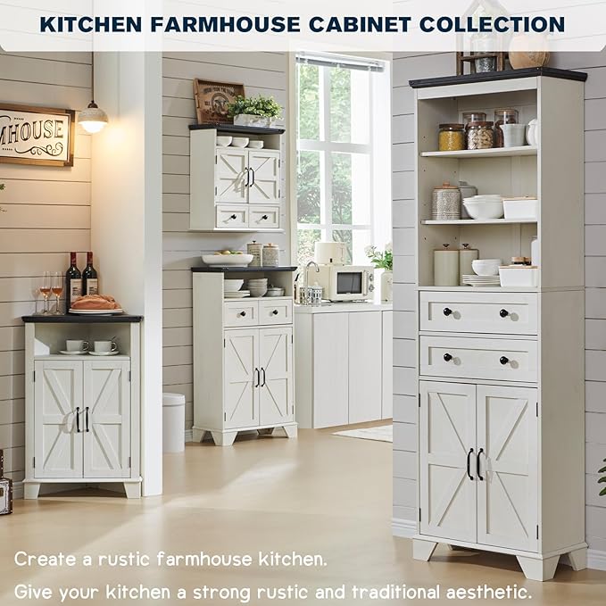 ACCOHOHO Corner Bathroom Cabinet, Farmhouse Small Corner Cabinet with Barn Door & Adjustable Shelf, Storage Cabinets for Bathroom, Kitchen, Living Room, Off White