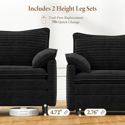 Vesgantti 142" Oversized Sectional Sofa Bed, 8-Seater Modular Sleeper Cloud Couch with Movable Ottoman, Corduroy Convertible Sofa Set Deep Seat Couches for Living Room, Bedroom and Apartment, Black