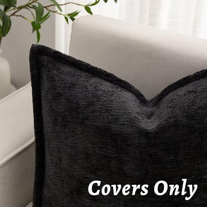 Black Decorative Throw Pillow Covers 20x20 Inch Set of 2 Cozy Soild Chenille Cushion Cases Soft Textured Square Couch Pillows Cover Boho Accent Farmhouse Pillowcases for Sofa Bed