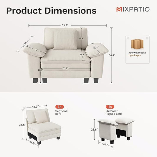 53.5" Cloud Modular Sectional Single Sofa, Deep Seat Armchair with Plush Chenille & Removable Arms for Living Room, Beige