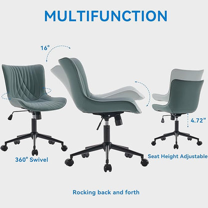 YOUNIKE Office Chair Armless Desk Chair with Wheels, Home Office Computer Task Chair, Modern Faux Leather Upholstered Vanity Chair, Adjustable Swivel Rolling Office Chairs, Greyishgreen