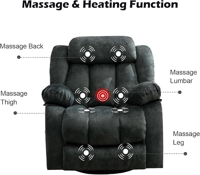 CANMOV Massage Swivel Rocker Recliner Chair with Heat and Vibration, 360 Degree Swivel Manual Recliners Antiskid Fabric Single Sofa Heavy Duty Reclining Chair for Living Room, Grey Green