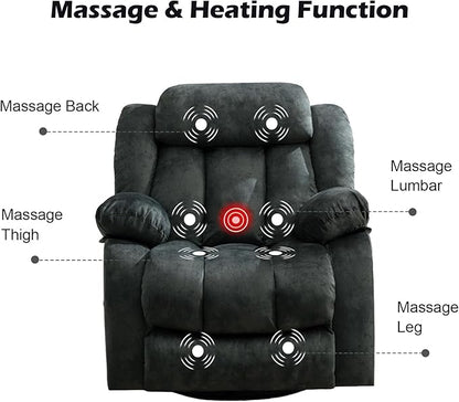CANMOV Massage Swivel Rocker Recliner Chair with Heat and Vibration, 360 Degree Swivel Manual Recliners Antiskid Fabric Single Sofa Heavy Duty Reclining Chair for Living Room, Grey Green
