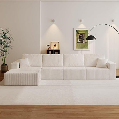 139" Boneless Cloud Sectional Couch for Living Room, Compressed Modular L-Shaped Sofa with Deep Seat, Frameless Corduroy Couch in Boxes, No Assembly Required 4-Seater (Left-Facing Chaise, Beige)