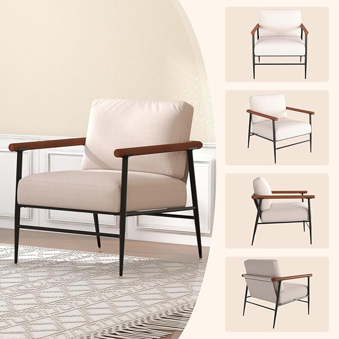 Accent Chair Mid Century Modern Chair Linen Fabric Living Room Lounge Chair with with Overstuffed Back Pillow and Cushion Reading Side Chair Easy Assembly for Living Room, Bedroom, Belcony (1)