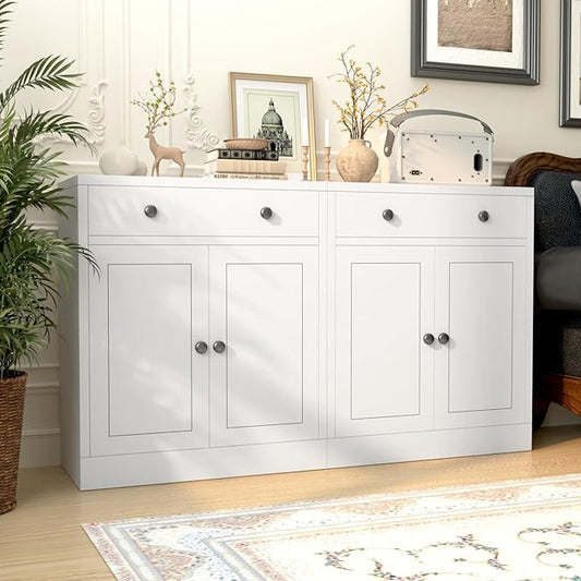 BESFUR Buffet Metal Cabinet with Storage 32”,White Sideboard Farmhouse Storage Cabinet with Adjustable Shelves, 2 Drawer and 4 Doors for Entryway Living Room, Bathroom, Kitchen,Home Office,Apartment