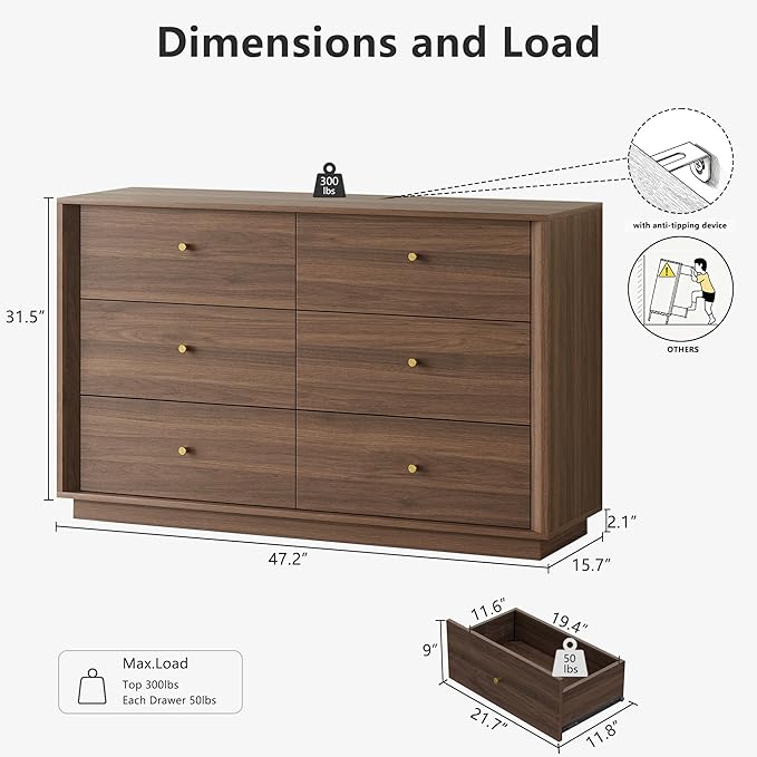 Mid Century Modern Dresser, 6 Drawer Dresser with Storage, 47" Wide Chest of Drawers with Wood Grain Texture, Drawers Organizer for Bedroom, Living Room, Hallway, Walnut