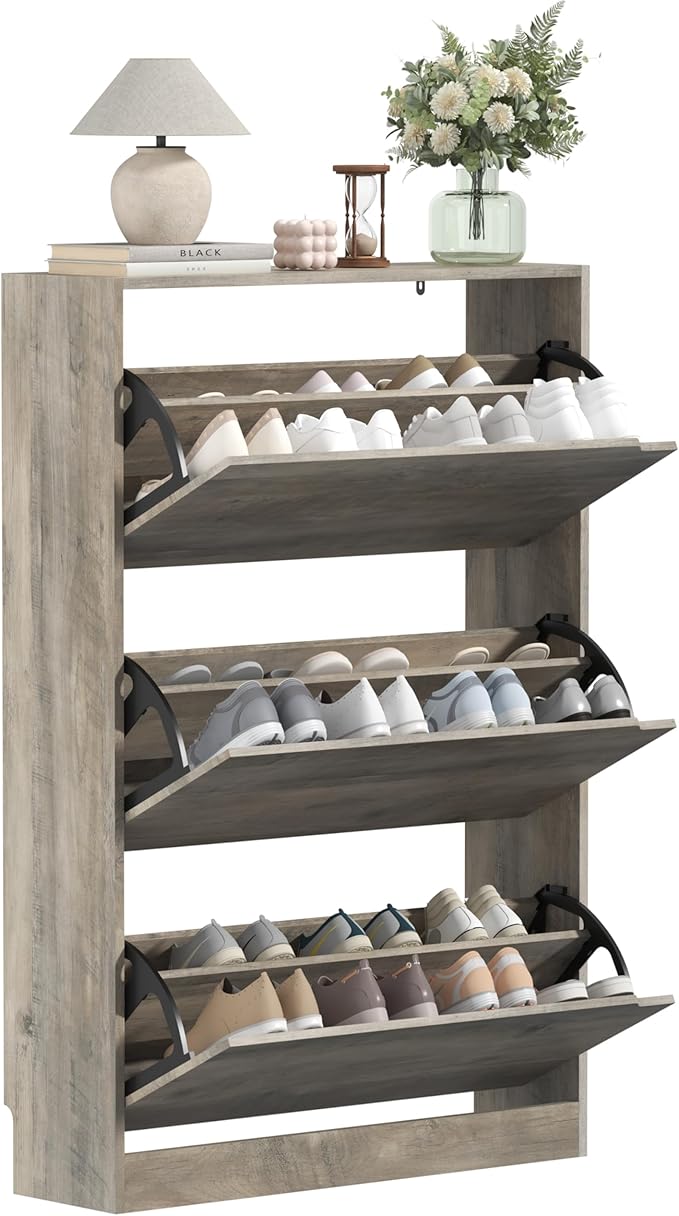Shoe Storage Cabinet with 3 Flip Drawers, Slim Hidden Wood Shoe Cabinet Storage for Entryway, Freestanding Narrow Shoe Rack Organizer with Adjustable Shelves for Foyer, Hallway, Grey